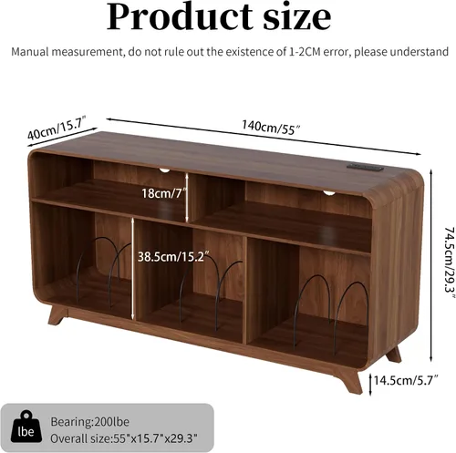 Miniatura 2 de Soporte para tocadiscos con armario de almacenamiento de vinilo con estación de carga y puertos USB, mesa giratoria con capacidad para hasta 350