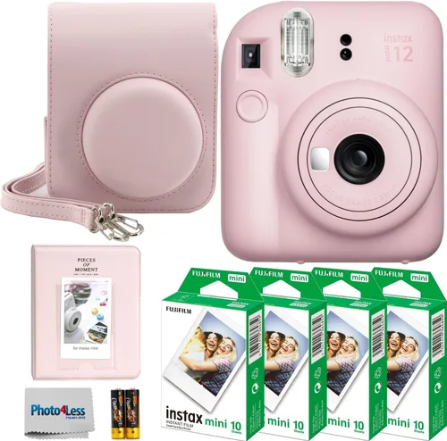 Fujifilm Cámara de película instantánea Instax Mini 12 (rosa flor) + película instantánea Fuji Instax Mini - 40 hojas + paquete de regalo de cámara