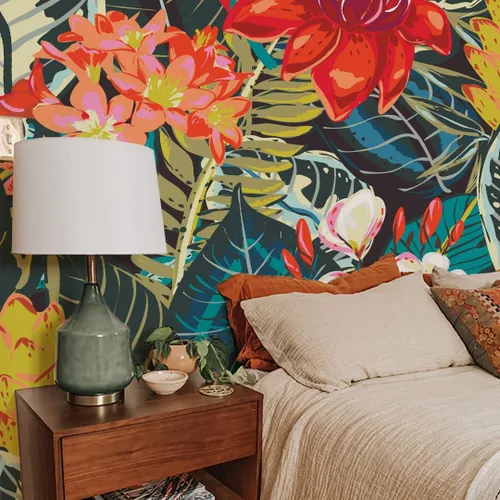 Mural de Pared Floral Despegable y Adhesivo Papel Tapiz Tropical para Pared de Dormitorio, Floral Colorido