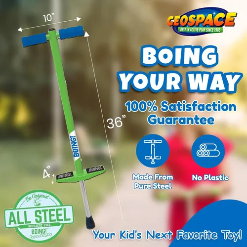 Miniatura 4 de Geospace Jumparoo BOING! JR. Steel POGO STICK by Air Kicks, pequeño para niños de 50 a 90 libras, diversión activa al aire libre que promueve
