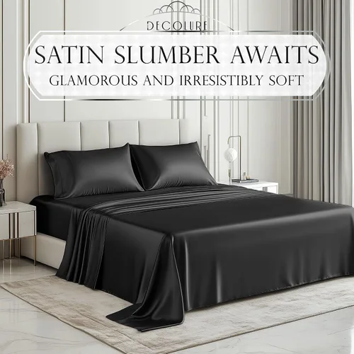 Miniatura 102 de DECOLURE Sábanas de satén – Juego de ropa de cama de lujo sedoso tamaño matrimonial de 6 piezas, más suave que la seda, sin arrugas con sábana