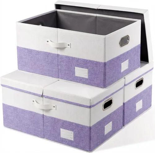 Miniatura 44 de PRANDOM Contenedor de almacenamiento plegable con tapa [1 unidad] Caja de almacenamiento decorativa de tela de lino, cesta organizadora con asas