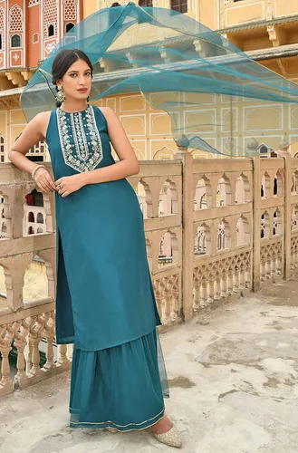 Miniatura 3 de Janasya Indian - Kurta bordada de seda de poliéster verde azulado para mujer con Sharara y Dupatta