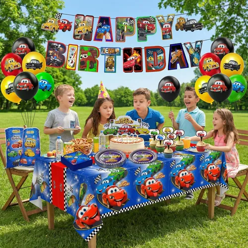 Miniatura 7 de Decoraciones de fiesta de cumpleaños de coches, juego de 103 piezas de suministros de fiesta de autos de carreras para niños y niñas, pancarta
