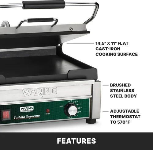 Miniatura 4 de Waring Commercial WFG250 Tostato Supremo® Parrilla Grande Plana para Tostar, 120V, 1800W, Enchufe 5-15, Plateado