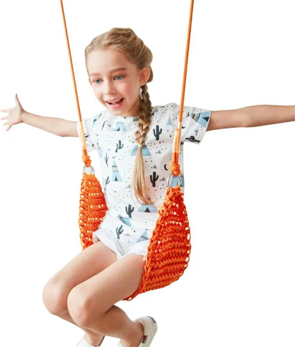 Miniatura 9 de Columpio para niños tejido a mano, asiento portátil para columpio de árbol para interiores y exteriores, cuerdas ajustables, con correa para colgar