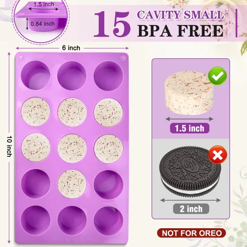 Miniatura 3 de Walfos Paquete de 3 Moldes de Jabón Pequeños, 15 Cavidades Moldes Redondos Mini de Silicona, Moldes de Jabón de Silicona Cilíndricos de 1.5 pulgadas