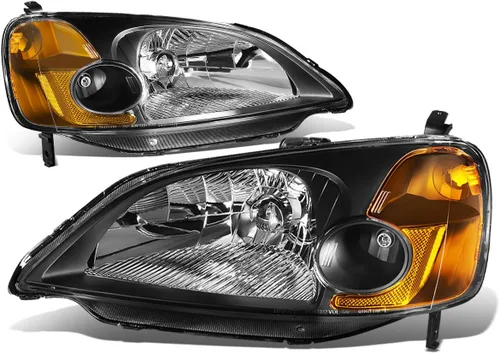 DNA MOTORING Juego de faros delanteros compatible con Honda Civic Sedan/Coupe 01-03, negro/ámbar, HL-OH-HC01-BK-AM