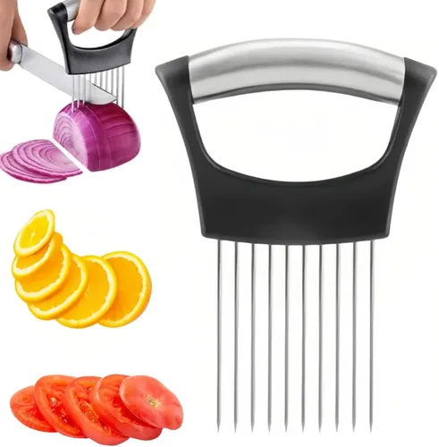 Soporte para cebolla para cortar en rodajas, soporte para cortar cebollas de acero inoxidable, cortador de vegetales, cortador de limón, herramienta