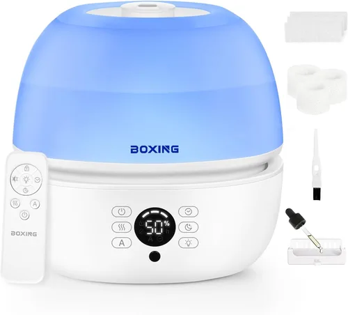 BOXING Humidificadores de llenado superior para dormitorio de bebé con humidistato, humidificador de aire silencioso de 20 dB para habitaciones Luz
