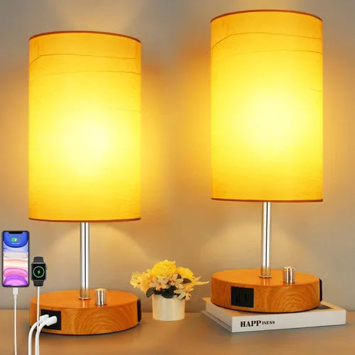 Miniatura 14 de HiBay Lámpara de mesita de noche regulable de 17.75 pulgadas con estación de carga, 2 puertos USB y salida de CA, luz rústica de grano de madera