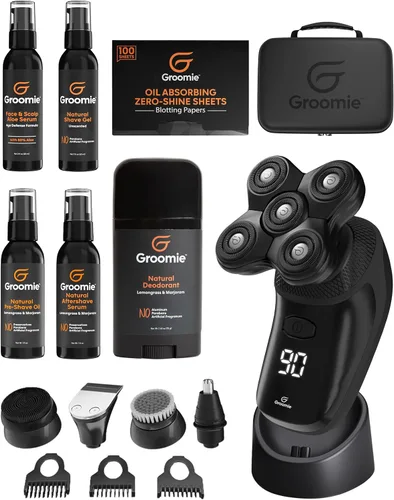 Groomie BaldiePro - Afeitadora eléctrica de cabeza para hombres calvos, incluye funda de viaje, base de carga y kit de accesorios, desodorante,