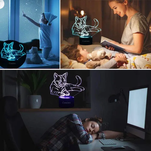 Miniatura 5 de Luz nocturna de ilusión 3D de gato, lámpara de noche LED regulable de 16 colores con control táctil y remoto, USB y alimentada por batería