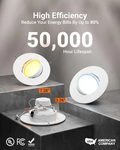 Miniatura 4 de Sunco - Luces LED de 5/6 pulgadas para lata, iluminación empotrada, cardán ajustable, 800 LM, 12 W = 60 W, CCT seleccionable 2700 K/3000 K/3500