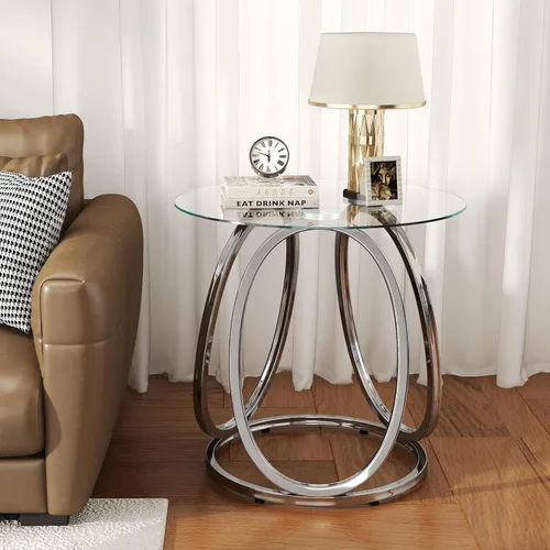O&K FURNITURE Mesa auxiliar plateada para sala de estar, mesa auxiliar de vidrio para dormitorio, moderna mesita de noche redonda de vidrio con