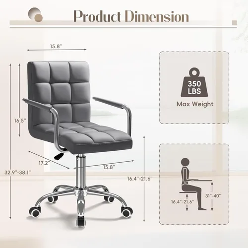 Miniatura 3 de Furmax silla de oficina con respaldo medio de piel sintética, silla ejecutiva moderna, ajustable, silla de escritorio para el hogar, silla de Gris