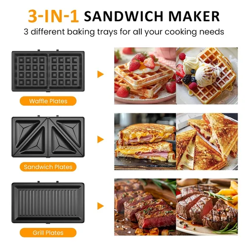 Miniatura 2 de Máquina 3 en 1 para Gofres, Parrilla y Sándwiches, Sandwichera Prensa Panini Plancha de Gofres con Placas Antiadherentes Extraíbles y Luces