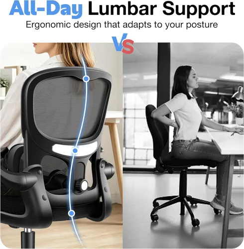 Miniatura 5 de ALLGOD Silla de oficina ergonómica, silla de escritorio ergonómica de malla transpirable con soporte lumbar ajustable, reposabrazos abatibles