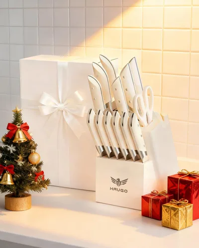 Miniatura 7 de Juego de cuchillos de cocina con bloque: 14 piezas de acero inoxidable alemán de espiga completa - Agarre cómodo que reduce la fatiga de la mano 30%