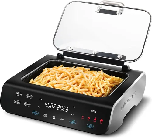 Gourmia Parrilla de Interior Sin Humo y Freidora de Aire parrilla raclette con Tecnología de Extracción de Humo Parrilla Eléctrica Antiadherente