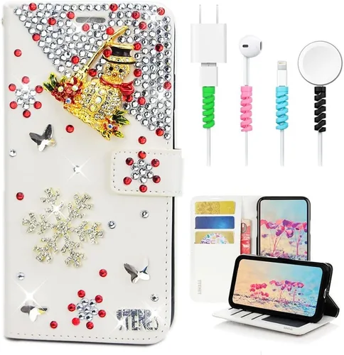 Miniatura 12 de Bling - Funda tipo cartera para teléfono compatible con Samsung Galaxy S21 Ultra, elegante, hecha a mano en 3D, diseño de árbol de Navidad, alce