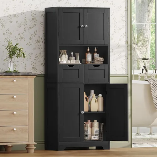 Miniatura 2 de Iwell Armario de almacenamiento de 57.8 pulgadas de alto con 2 cajones y 2 estantes ajustables, armario de cocina con 4 puertas, armario alto