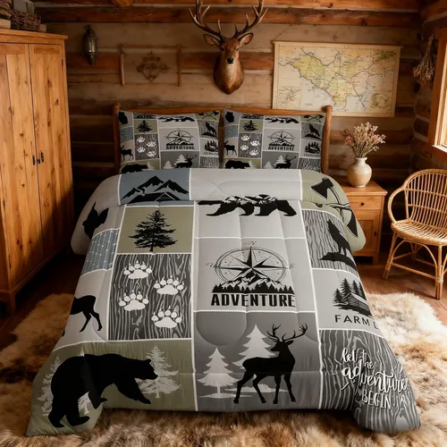 Miniatura 174 de Juego de edredón de cuernos de ciervo tamaño individual, juego de ropa de cama rústica de granja con huellas de oso y pinos para decoración