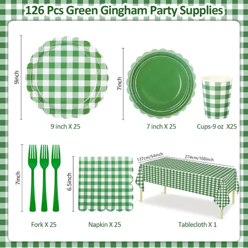 Miniatura 2 de Suministros de fiesta de cuadros verdes, incluyen platos de papel festoneado desechables de 9 y 7 pulgadas, servilletas, vasos, tenedores, manteles