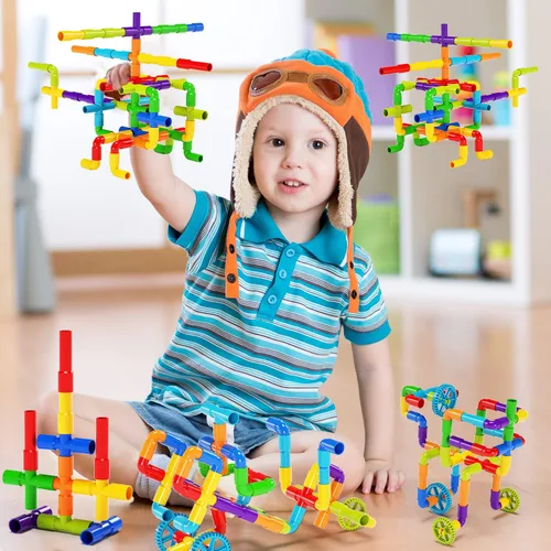 Miniatura 4 de burgkidz STEM - Bloques de construcción de tubo de aprendizaje para tubo, juguetes sensoriales con ruedas, placa base para todas las edades, niños