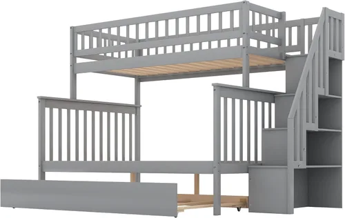 Miniatura 7 de Harper & Bright Designs Literas de tamaño individual sobre matrimonial, litera con escaleras y nido, literas de madera con estante de almacenamiento