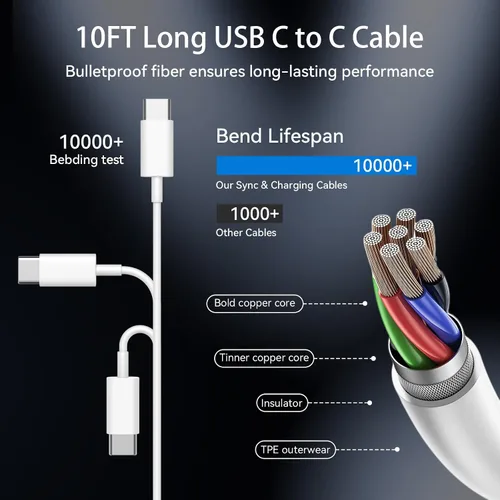 Miniatura 2 de Cargador para iPhone 17, 16, 15 Pro Max, cable largo USB C de carga rápida de 10 pies para Apple iPhone Block, con cargadores PD iPhone 17 de 20 W