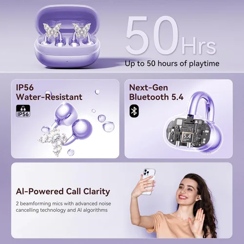 Miniatura 7 de Kinglucky Gen2 Auriculares de clip con aretes de mariposa, carga y almacenamiento sin quitar los aretes, ajuste cómodo y 50 horas de reproducción