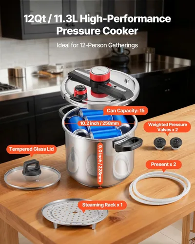 Miniatura 4 de VEVOR Olla a presión, olla a presión de 12 cuartos de galón, acero inoxidable, recipiente a presión con estante para vapor, tapa de vidrio templado