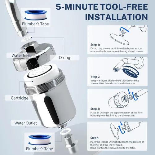 Miniatura 5 de iSpring Filtro de ducha de alto rendimiento de 33 etapas, filtro universal de cabezal de ducha para agua dura, 99% de eliminación de metales