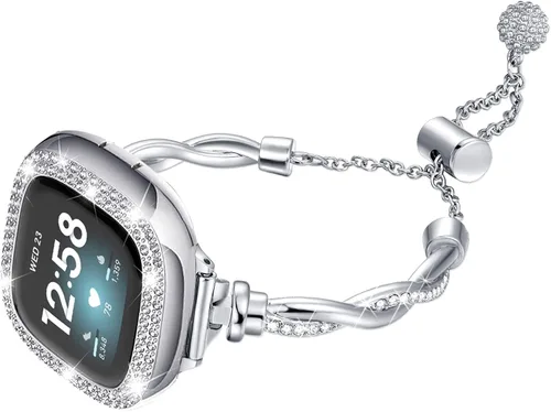 Miniatura 12 de Correa de reloj brillante compatible con Fitbit Versa 4/Fitbit Sense 2 para mujer, correa ajustable de aleación de cristal con diamantes
