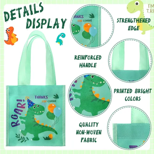 Miniatura 4 de Kajaia 24 bolsas pequeñas de dinosaurio para fiesta, regalo de dinosaurio, reutilizables, caramelos, dinosaurios, no tejidas, bolsas con asas