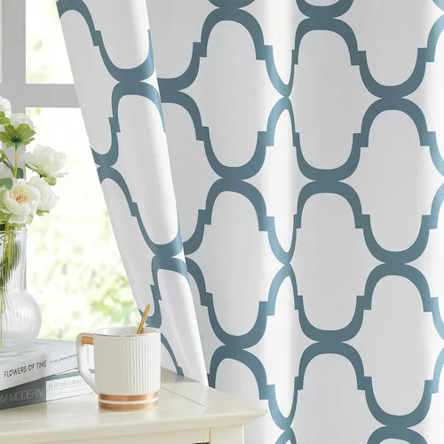 Miniatura 7 de Melodieux - Cortinas opacas estilo marroquí con aislamiento térmico y ojales para oscurecer sala de estar, 2 paneles. Blanco hueso/verde azulado