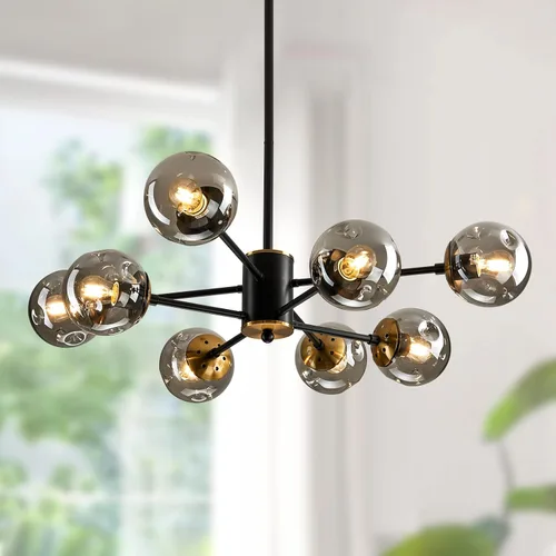 Lámpara colgante de 8 luces, color negro con globos de vidrio, lámpara de techo Sputnik clásica vintage para cocina, sala de estar, comedor,