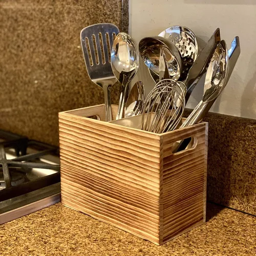 Miniatura 7 de Soporte de utensilios de madera para encimera de cocina, organizador grande de utensilios de 2 compartimentos para encimera, soporte de herramientas