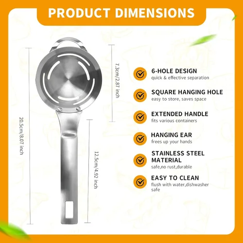 Miniatura 2 de Separador de huevos de acero inoxidable: filtro blanco de yema de huevo para huevos crudos, divisor de huevos de 6 agujeros con mango extendido
