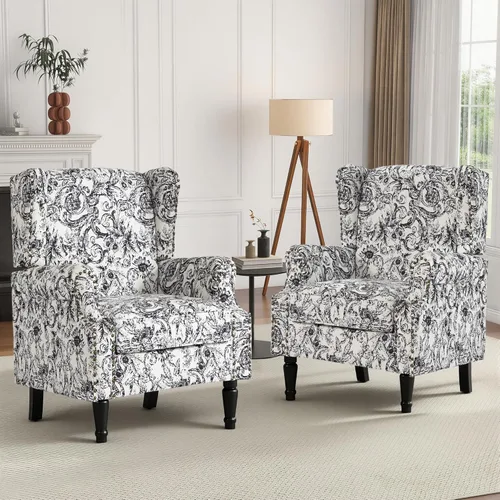 Miniatura 25 de Silla de Acento de Respaldo Alto, Sillón Tapizado en Tela para Sala de Estar, Sillón Wingback con Estampado Floral con Patas de Madera Maciza, Sofá