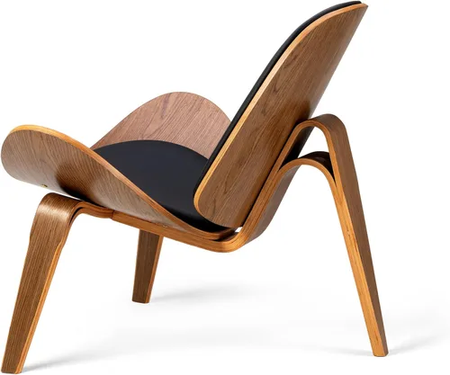 Miniatura 6 de Hans Wegner Style Silla de tres patas, silla de madera contrachapada de ceniza con tapicería de piel sintética negra, muebles de sala de estar