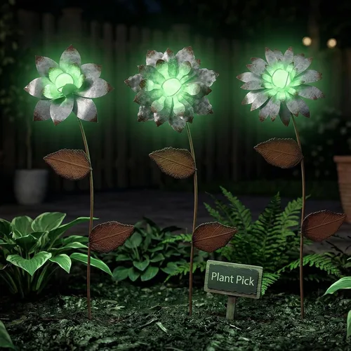 Miniatura 2 de Estacas decorativas de jardín, flores de metal para exteriores, adornos que brillan en la oscuridad, decoración de maceta, cama de flores, patio