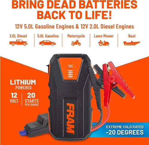 Miniatura 2 de FRAM FEK40008 - Arrancador de batería de coche 12000mAh (44.4Wh) hasta 5.0L de gasolina y motores diésel de 2.0L, refuerzo de emergencia