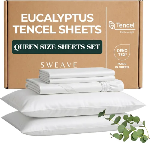 Miniatura 14 de Sábanas de eucalipto: sábanas refrescantes de Tencel de mezcla Queen con algodón egipcio, tejido de percal ultrasuave y transpirable, juego de ropa
