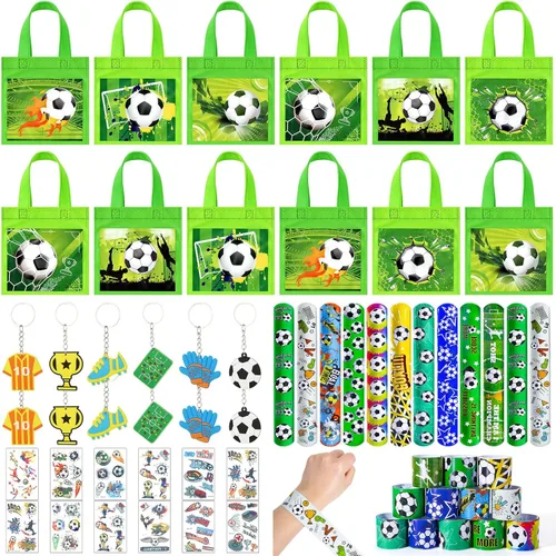 Winrayk Juego de 12 regalos de fiesta de fútbol para niños, suministros de cumpleaños deportivos, bolsas de regalo no tejidas, pulsera de palmada,