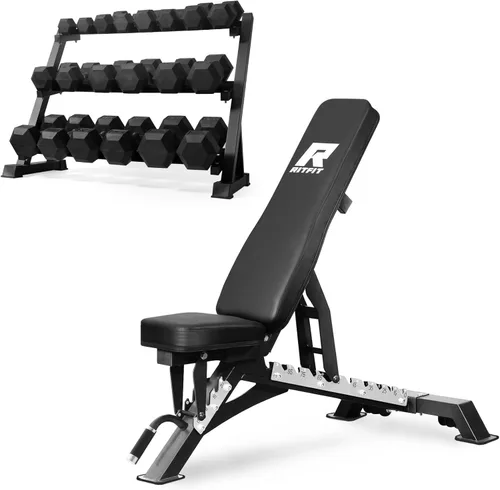 Miniatura 11 de RitFit Juego de mancuernas hexagonales con revestimiento de goma de 5 a 780 libras con estante para gimnasio en casa, entrenamiento de fuerza