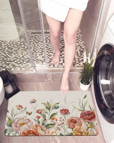 Miniatura 6 de Tapete de baño con flores retro para bañera, antideslizante, de secado rápido y absorbente, tierra de diatomeas, fregadero de cocina, ducha