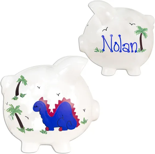 Alcancía para niño - Pintada a mano personalizada grande cerámica blanca alcancía (Dinosaurio)