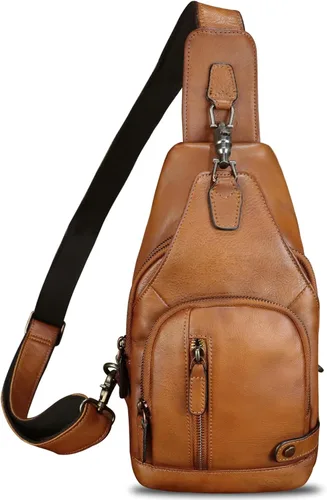 Miniatura 2 de IVTG Bolso bandolera de cuero genuino para hombres y mujeres, mochila vintage para el pecho, bolso cruzado para viajes y ciclismo, Marrón, Mediana